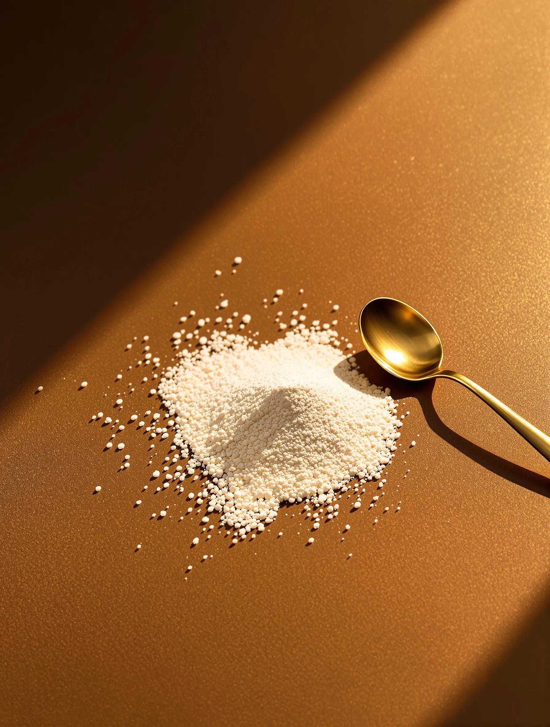 Peptides de collagène en poudre ivoire sur fond bronze, cuillère doseuse en laiton.
